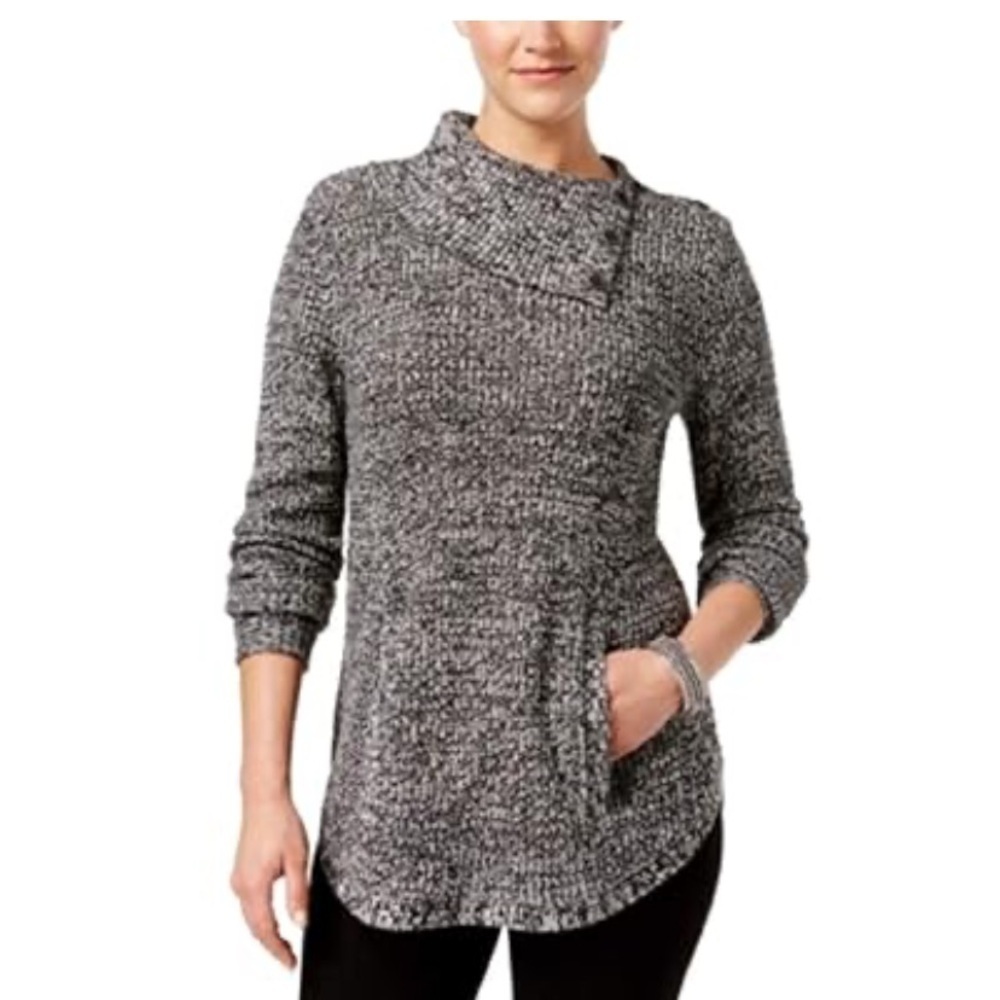 Style & Co Envelope-Collar Marled Sweater Size XL black and white